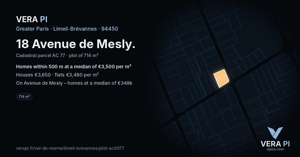 18 Avenue de Mesly, Limeil-Brévannes at night – the plot lit, the parcels around coloured by the prices near them