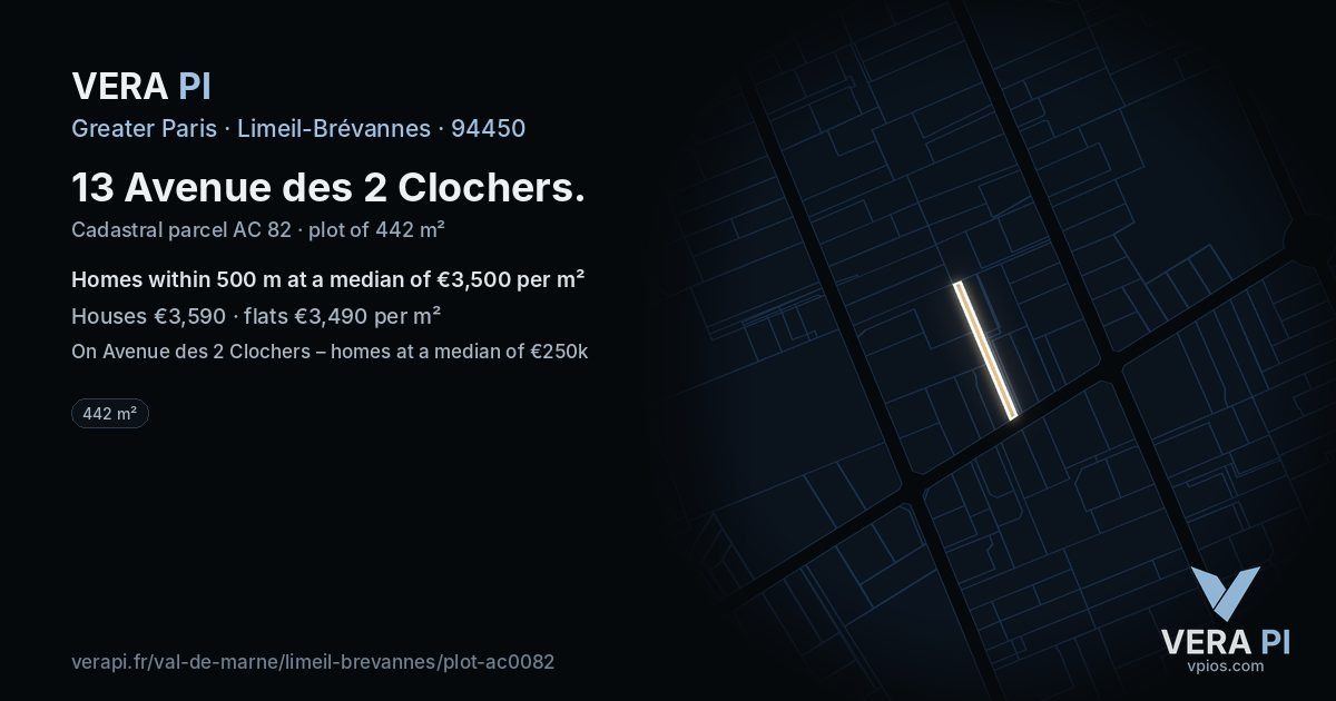 13 Avenue des 2 Clochers, Limeil-Brévannes at night – the plot lit, the parcels around coloured by the prices near them