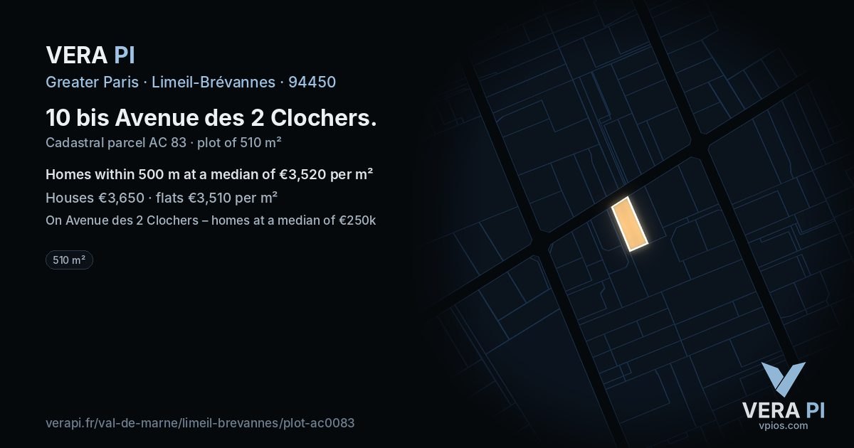 10 bis Avenue des 2 Clochers, Limeil-Brévannes at night – the plot lit, the parcels around coloured by the prices near them