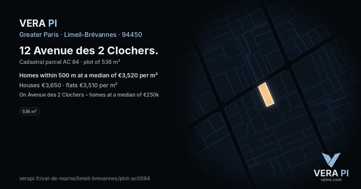 12 Avenue des 2 Clochers, Limeil-Brévannes at night – the plot lit, the parcels around coloured by the prices near them