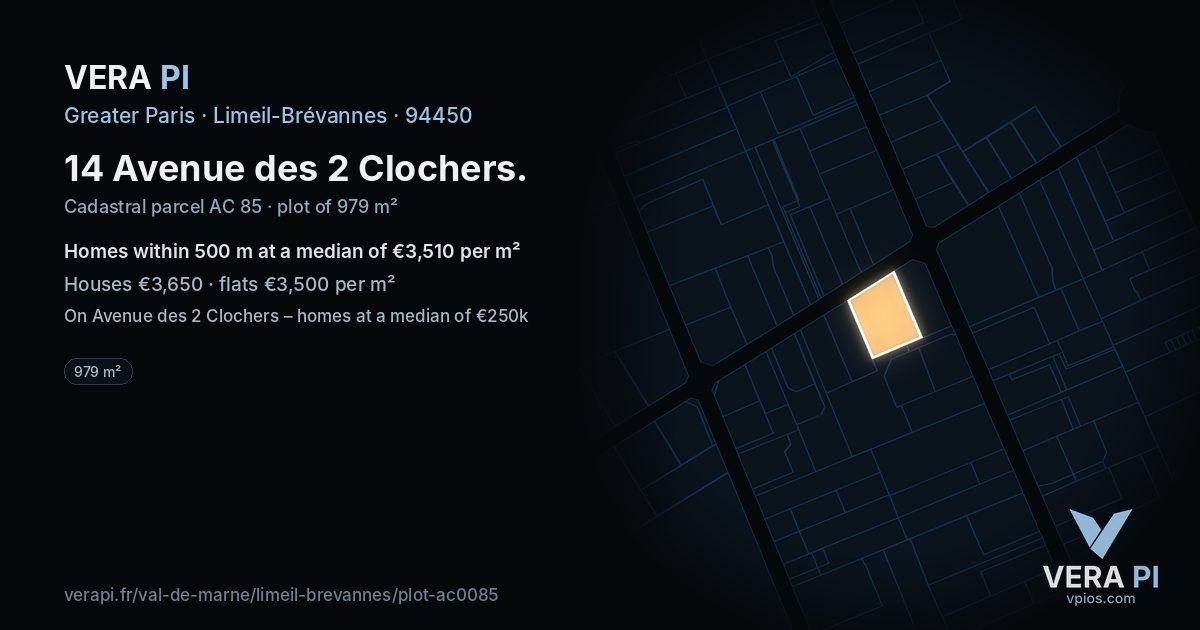 14 Avenue des 2 Clochers, Limeil-Brévannes at night – the plot lit, the parcels around coloured by the prices near them