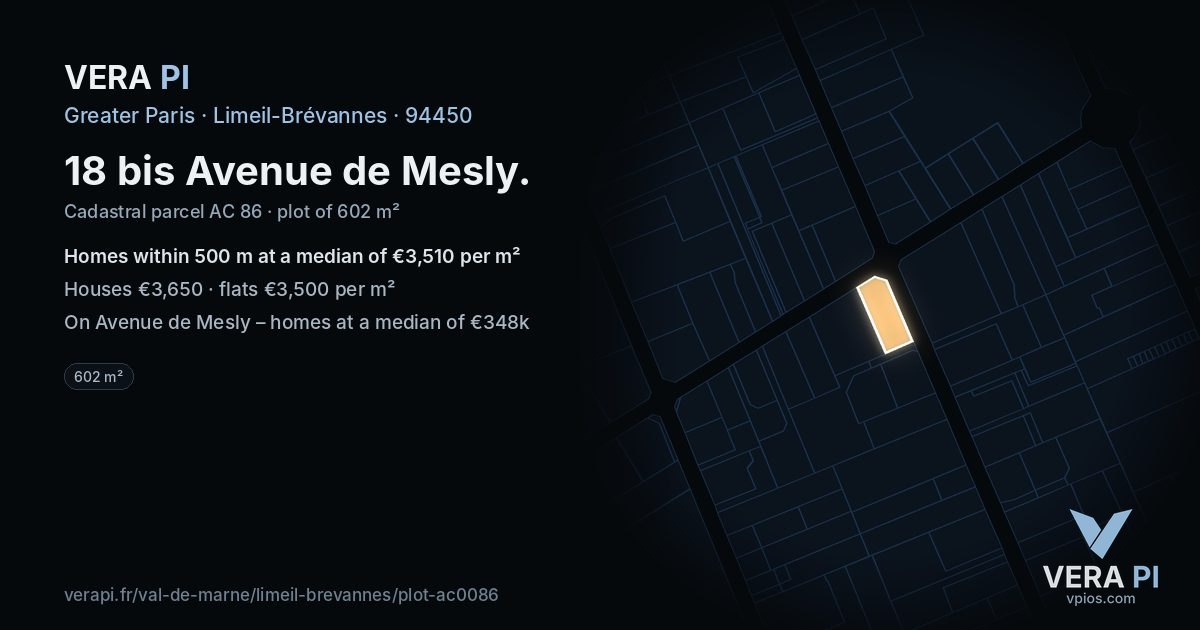 18 bis Avenue de Mesly, Limeil-Brévannes at night – the plot lit, the parcels around coloured by the prices near them