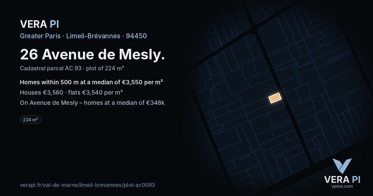 26 Avenue de Mesly, Limeil-Brévannes at night – the plot lit, the parcels around coloured by the prices near them