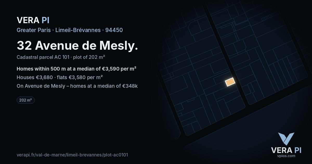 32 Avenue de Mesly, Limeil-Brévannes at night – the plot lit, the parcels around coloured by the prices near them
