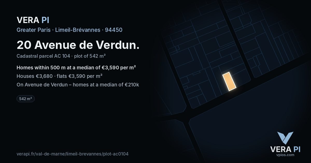 20 Avenue de Verdun, Limeil-Brévannes at night – the plot lit, the parcels around coloured by the prices near them