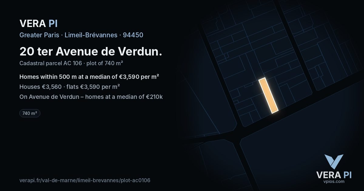 20 ter Avenue de Verdun, Limeil-Brévannes at night – the plot lit, the parcels around coloured by the prices near them