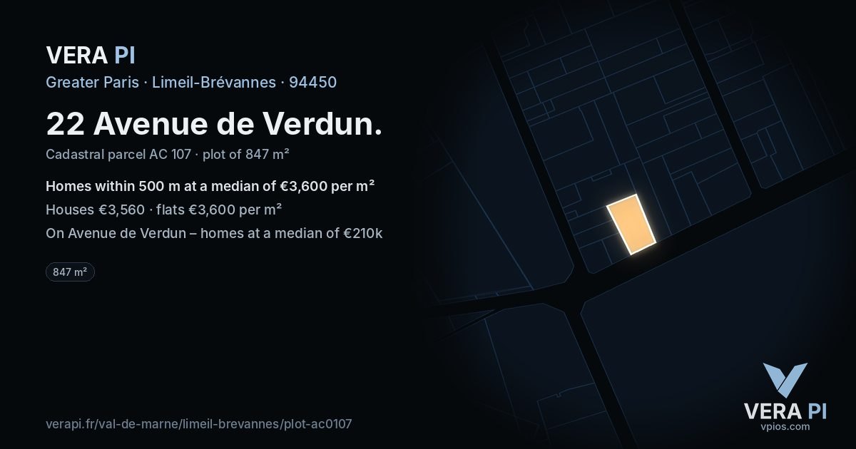 22 Avenue de Verdun, Limeil-Brévannes at night – the plot lit, the parcels around coloured by the prices near them