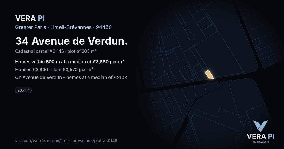 34 Avenue de Verdun, Limeil-Brévannes at night – the plot lit, the parcels around coloured by the prices near them