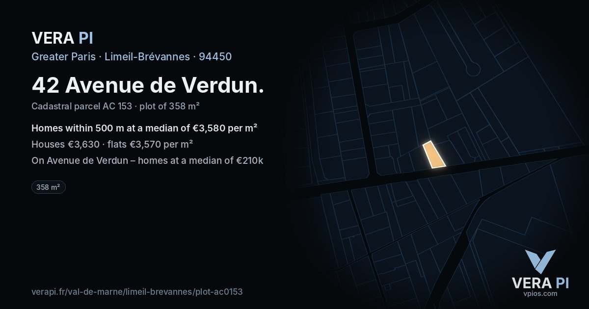 42 Avenue de Verdun, Limeil-Brévannes at night – the plot lit, the parcels around coloured by the prices near them