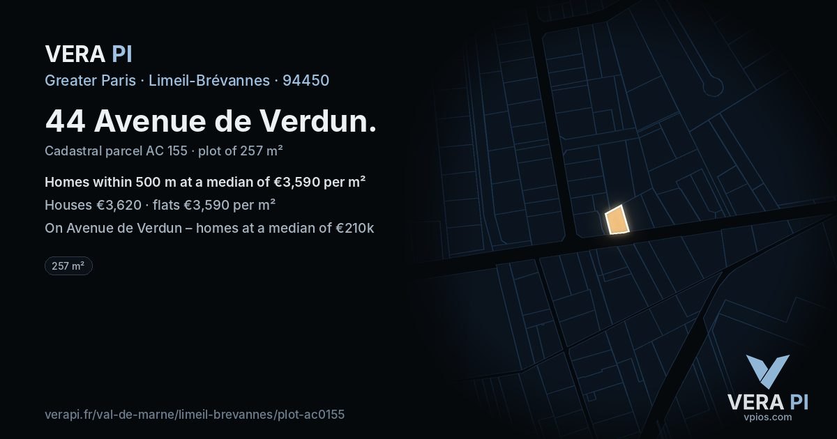 44 Avenue de Verdun, Limeil-Brévannes at night – the plot lit, the parcels around coloured by the prices near them