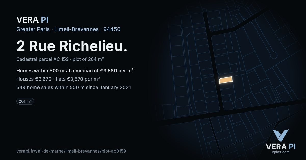 2 Rue Richelieu, Limeil-Brévannes at night – the plot lit, the parcels around coloured by the prices near them