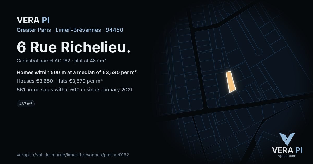 6 Rue Richelieu, Limeil-Brévannes at night – the plot lit, the parcels around coloured by the prices near them