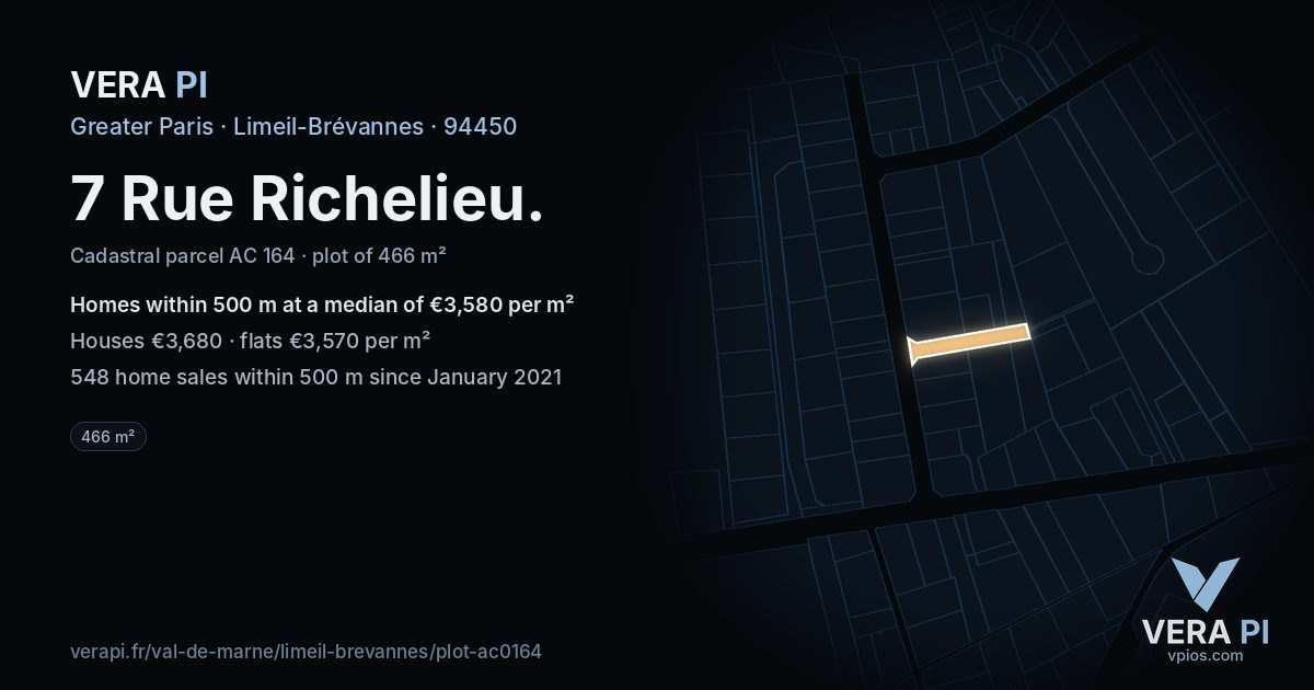 7 Rue Richelieu, Limeil-Brévannes at night – the plot lit, the parcels around coloured by the prices near them