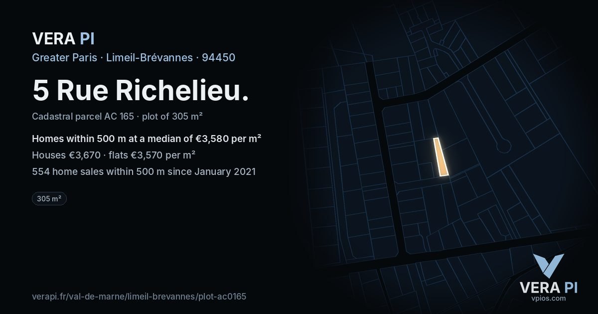 5 Rue Richelieu, Limeil-Brévannes at night – the plot lit, the parcels around coloured by the prices near them