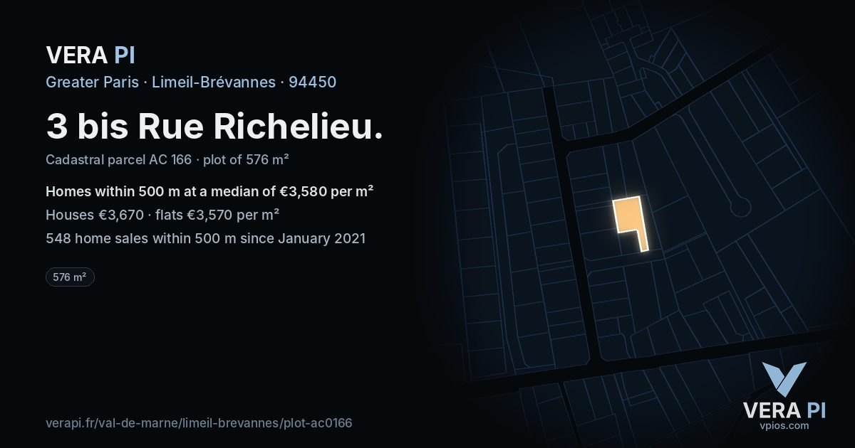 3 bis Rue Richelieu, Limeil-Brévannes at night – the plot lit, the parcels around coloured by the prices near them
