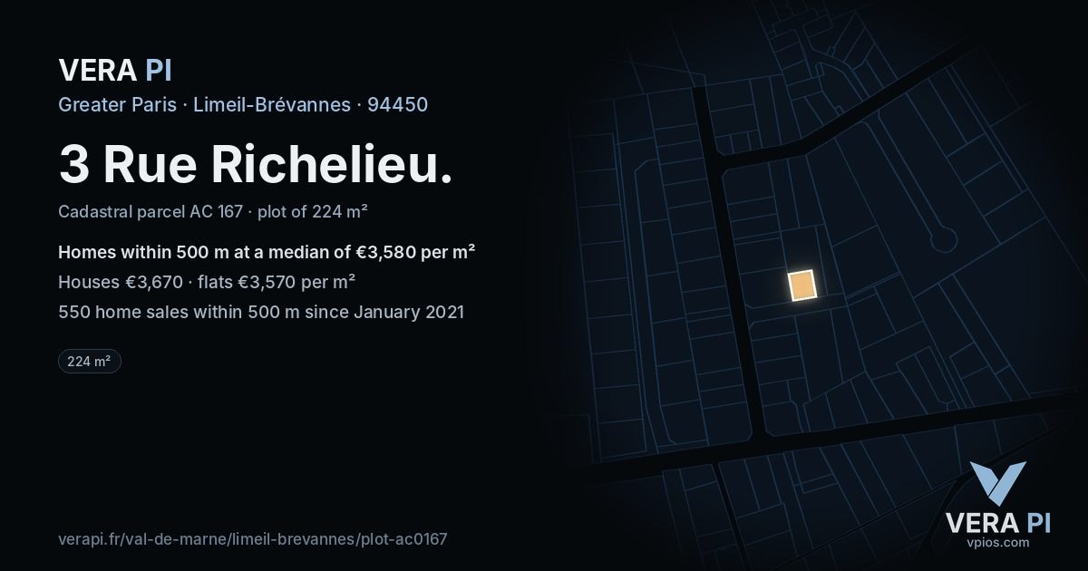 3 Rue Richelieu, Limeil-Brévannes at night – the plot lit, the parcels around coloured by the prices near them