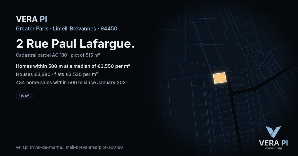 2 Rue Paul Lafargue, Limeil-Brévannes at night – the plot lit, the parcels around coloured by the prices near them