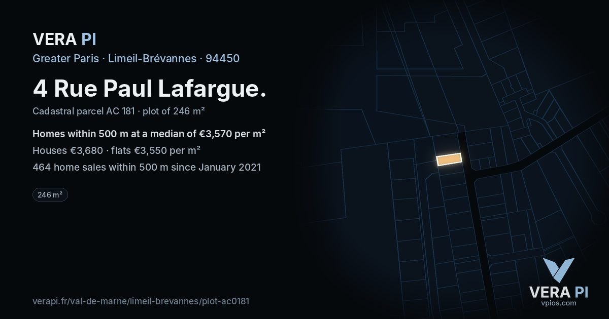 4 Rue Paul Lafargue, Limeil-Brévannes at night – the plot lit, the parcels around coloured by the prices near them