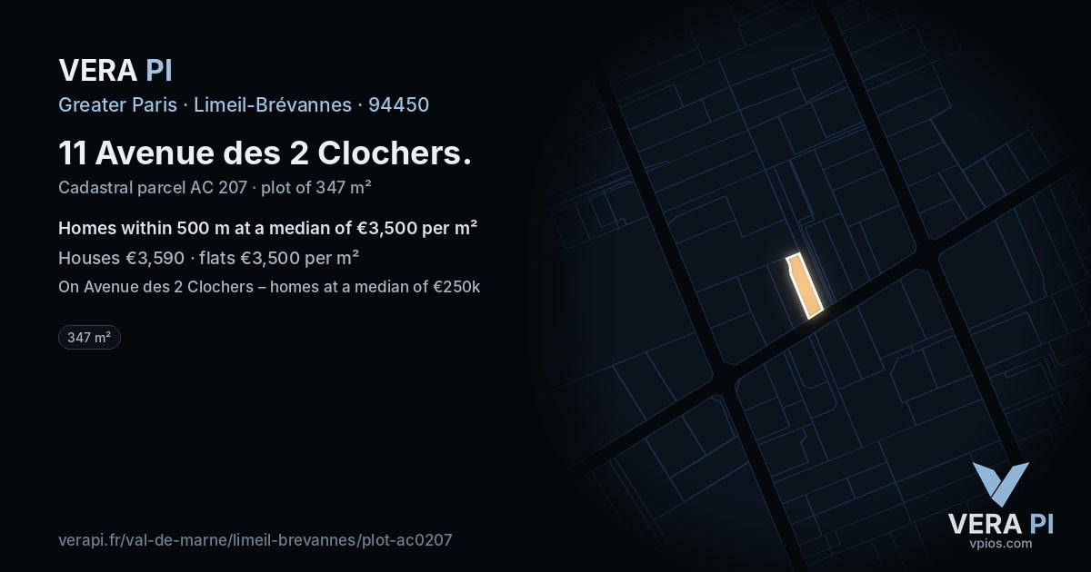 11 Avenue des 2 Clochers, Limeil-Brévannes at night – the plot lit, the parcels around coloured by the prices near them