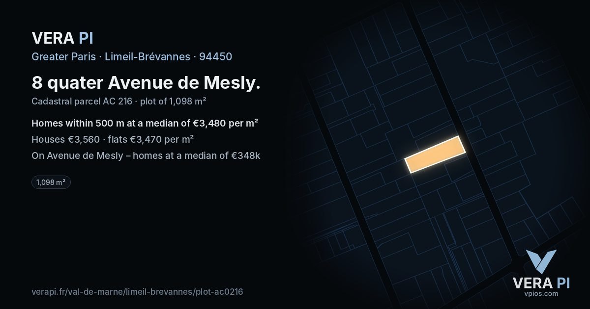 8 quater Avenue de Mesly, Limeil-Brévannes at night – the plot lit, the parcels around coloured by the prices near them