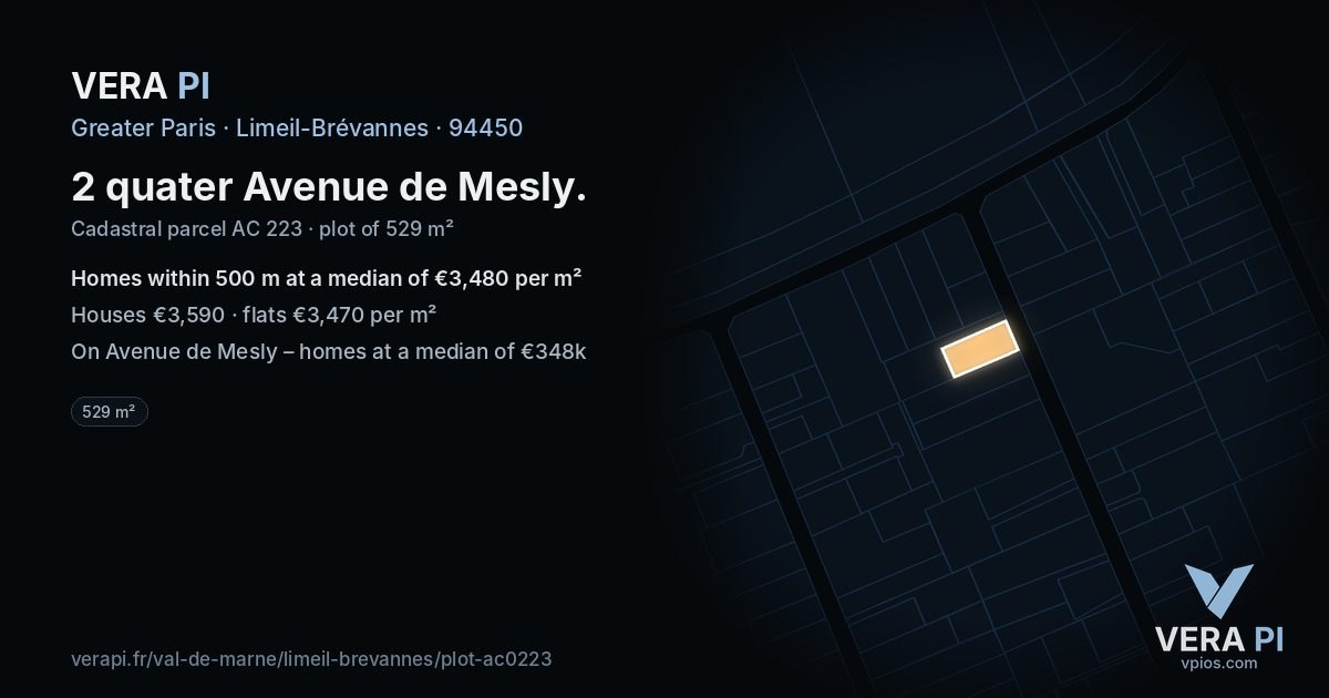 2 quater Avenue de Mesly, Limeil-Brévannes at night – the plot lit, the parcels around coloured by the prices near them