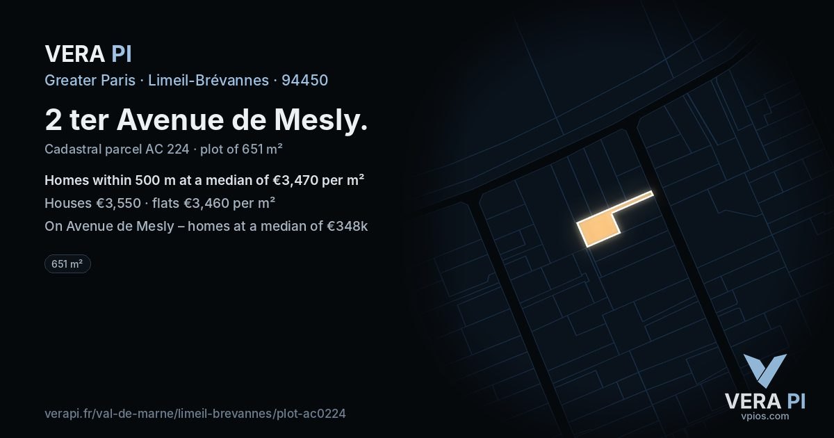 2 ter Avenue de Mesly, Limeil-Brévannes at night – the plot lit, the parcels around coloured by the prices near them