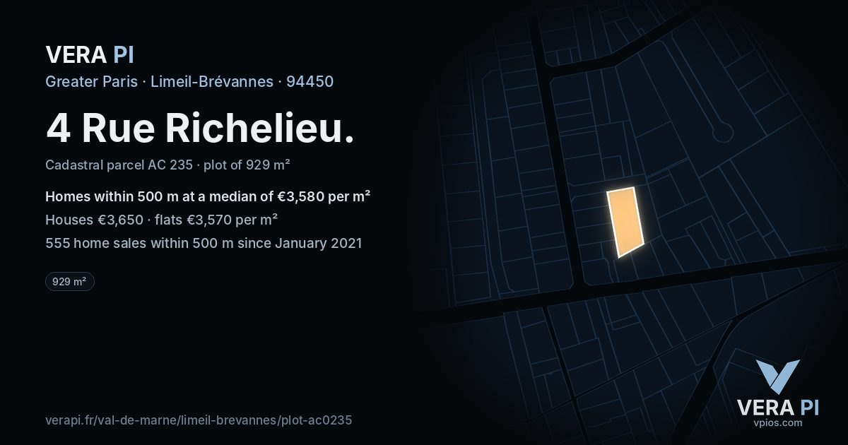 4 Rue Richelieu, Limeil-Brévannes at night – the plot lit, the parcels around coloured by the prices near them