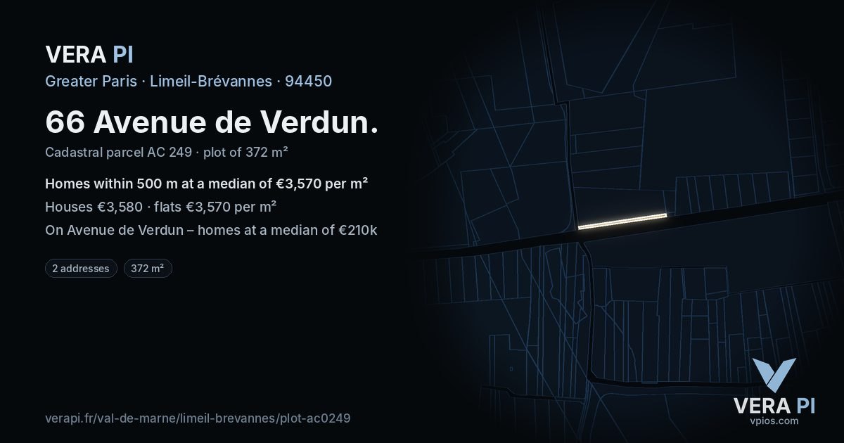 66 Avenue de Verdun, Limeil-Brévannes at night – the plot lit, the parcels around coloured by the prices near them
