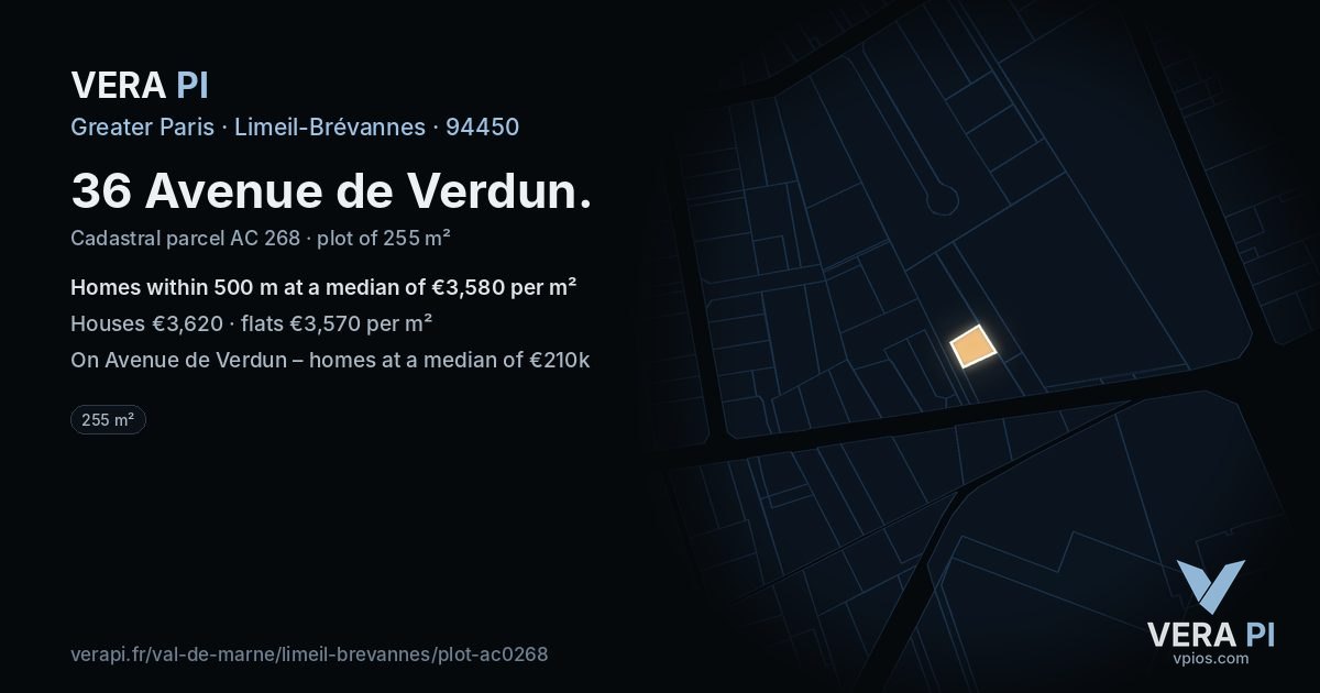36 Avenue de Verdun, Limeil-Brévannes at night – the plot lit, the parcels around coloured by the prices near them