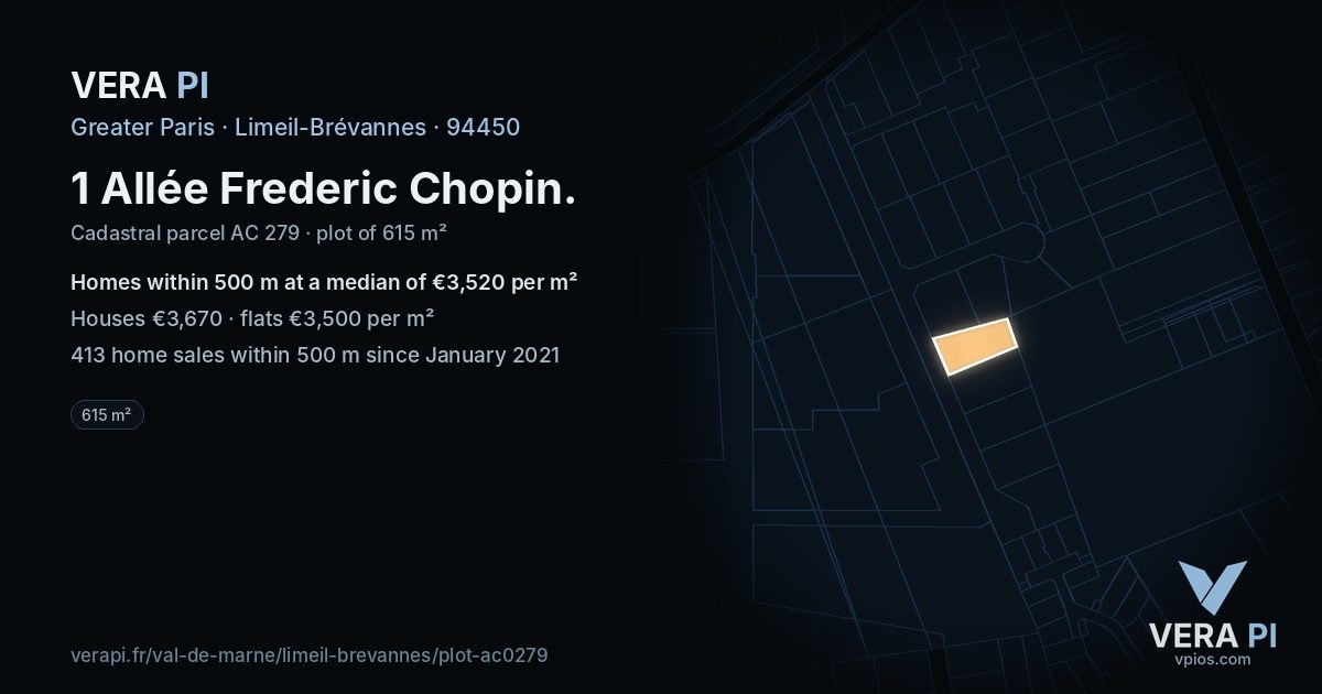 1 Allée Frederic Chopin, Limeil-Brévannes at night – the plot lit, the parcels around coloured by the prices near them