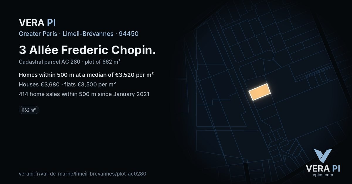 3 Allée Frederic Chopin, Limeil-Brévannes at night – the plot lit, the parcels around coloured by the prices near them