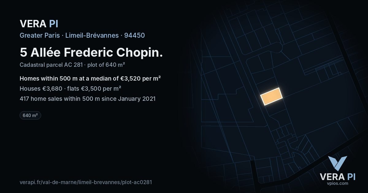 5 Allée Frederic Chopin, Limeil-Brévannes at night – the plot lit, the parcels around coloured by the prices near them