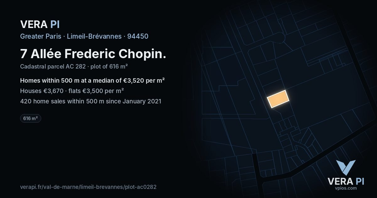 7 Allée Frederic Chopin, Limeil-Brévannes at night – the plot lit, the parcels around coloured by the prices near them