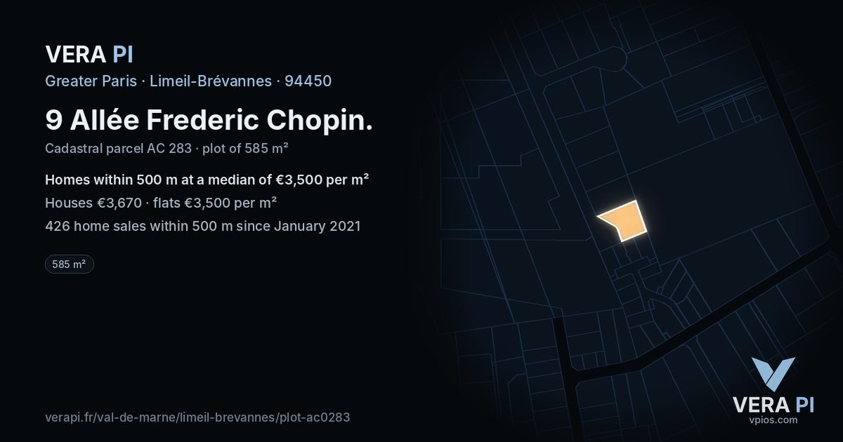 9 Allée Frederic Chopin, Limeil-Brévannes at night – the plot lit, the parcels around coloured by the prices near them