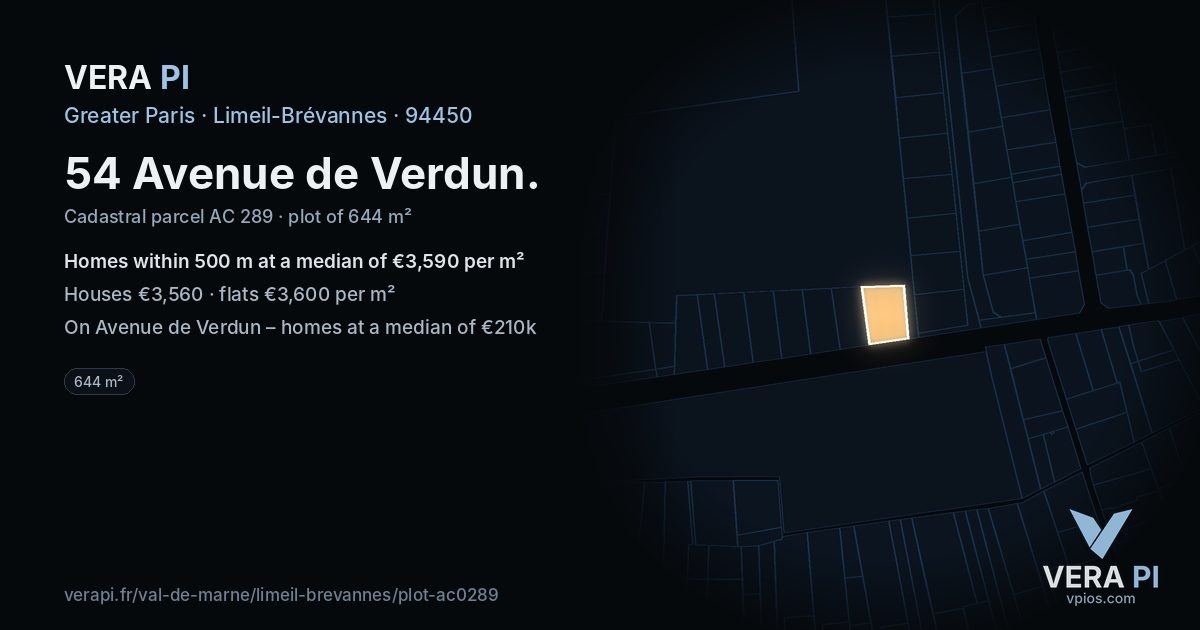54 Avenue de Verdun, Limeil-Brévannes at night – the plot lit, the parcels around coloured by the prices near them