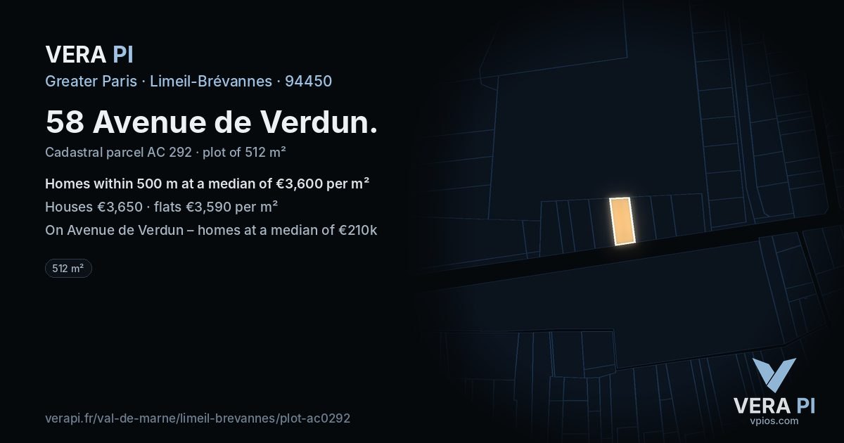 58 Avenue de Verdun, Limeil-Brévannes at night – the plot lit, the parcels around coloured by the prices near them