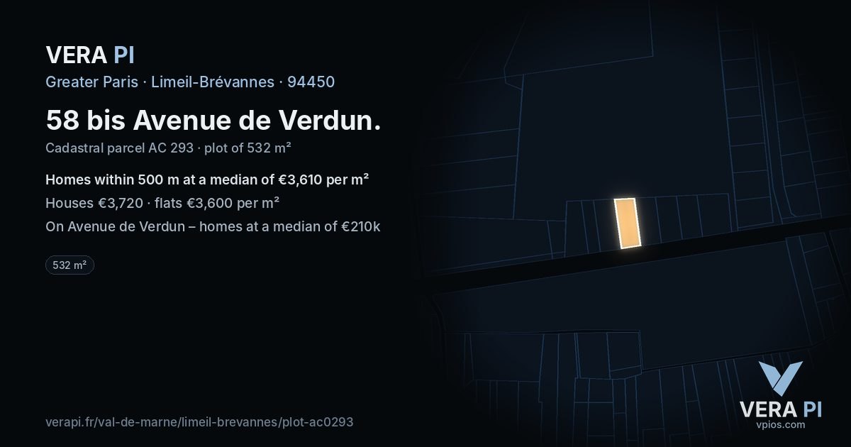 58 bis Avenue de Verdun, Limeil-Brévannes at night – the plot lit, the parcels around coloured by the prices near them