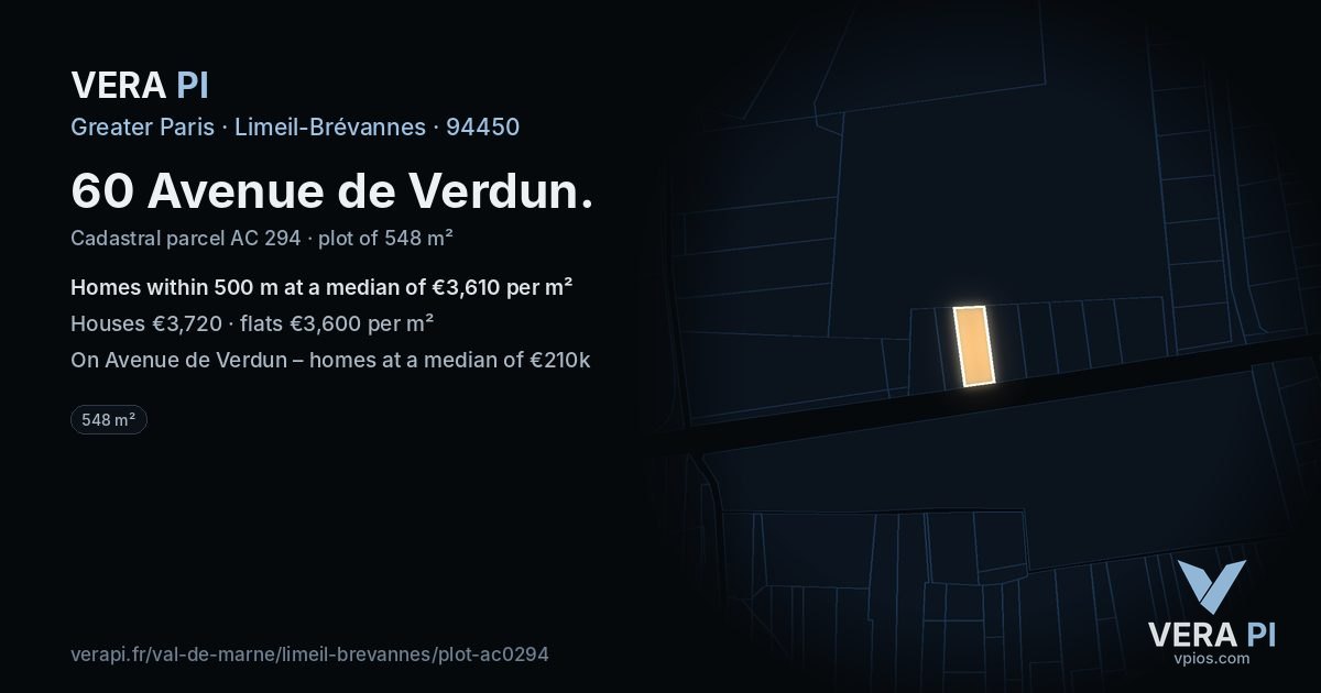 60 Avenue de Verdun, Limeil-Brévannes at night – the plot lit, the parcels around coloured by the prices near them