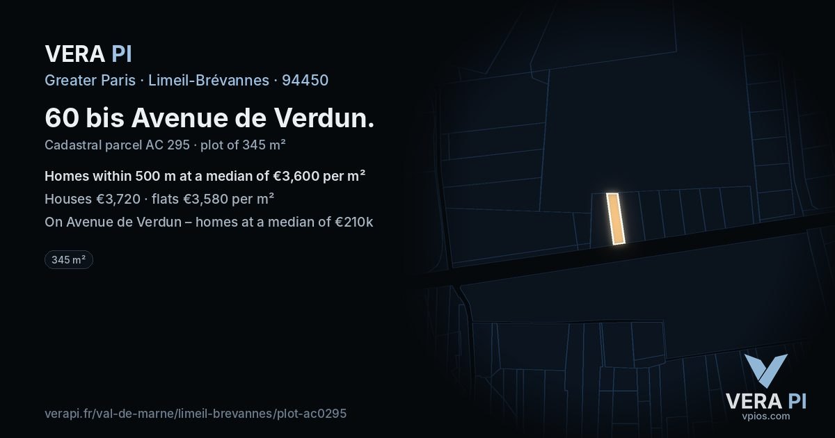60 bis Avenue de Verdun, Limeil-Brévannes at night – the plot lit, the parcels around coloured by the prices near them