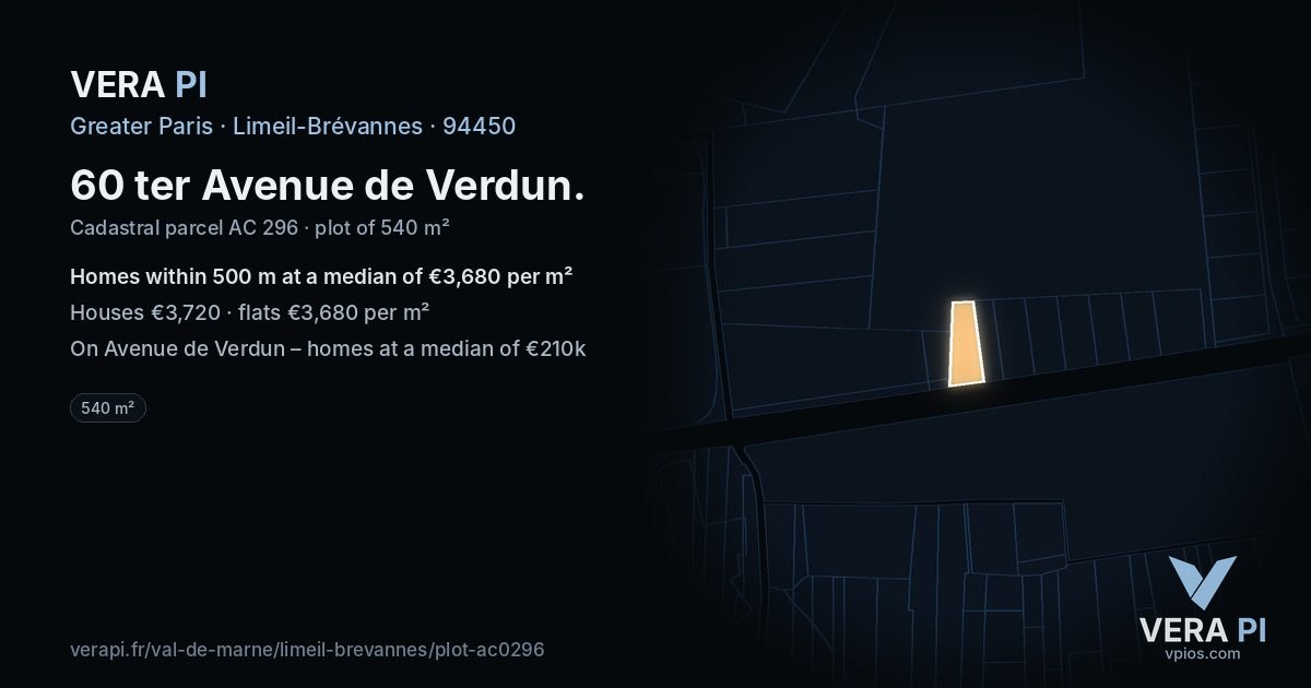 60 ter Avenue de Verdun, Limeil-Brévannes at night – the plot lit, the parcels around coloured by the prices near them