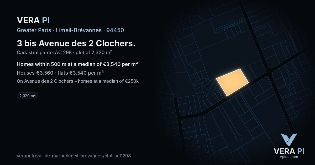 3 bis Avenue des 2 Clochers, Limeil-Brévannes at night – the plot lit, the parcels around coloured by the prices near them