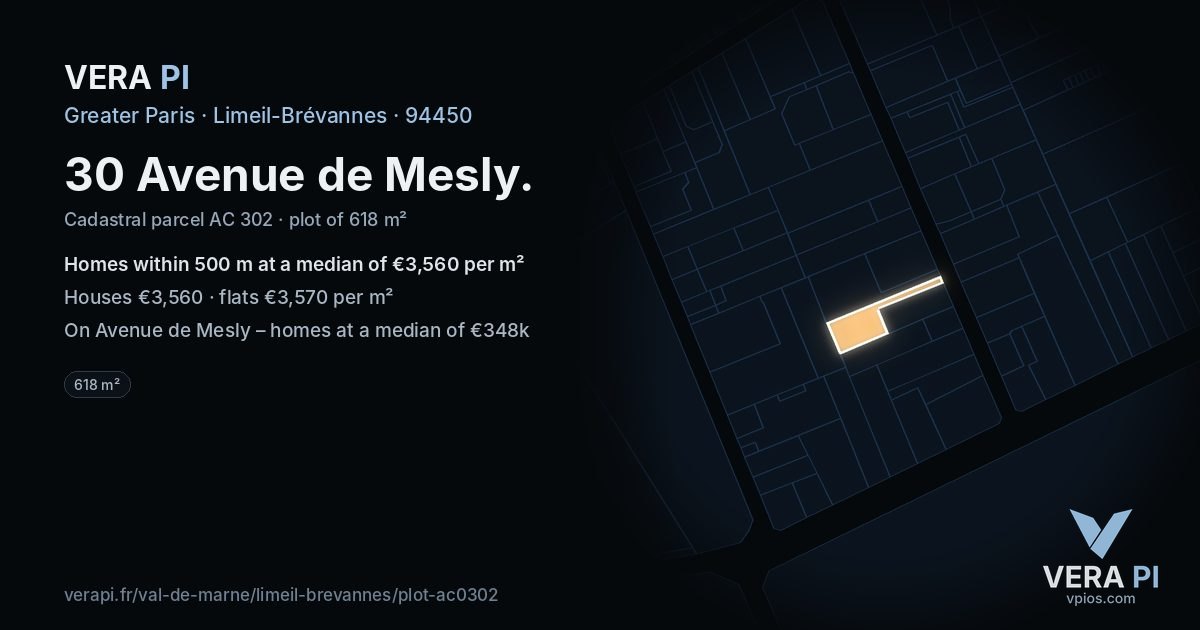 30 Avenue de Mesly, Limeil-Brévannes at night – the plot lit, the parcels around coloured by the prices near them