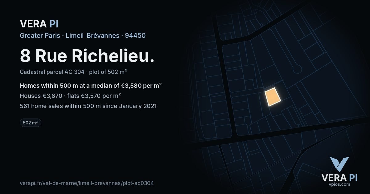 8 Rue Richelieu, Limeil-Brévannes at night – the plot lit, the parcels around coloured by the prices near them