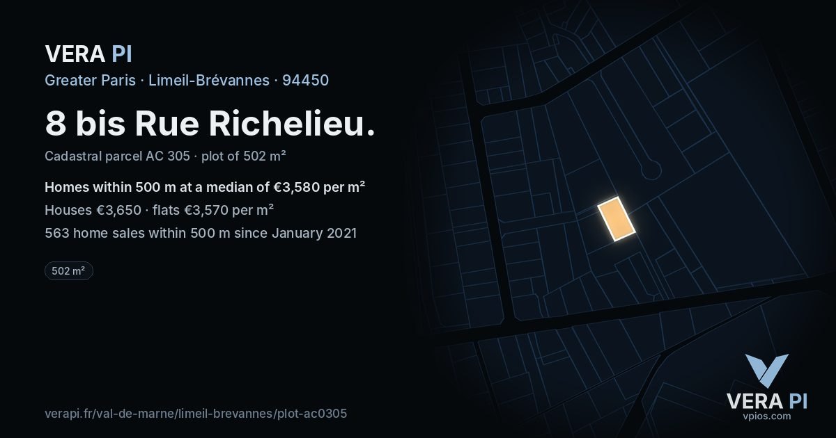 8 bis Rue Richelieu, Limeil-Brévannes at night – the plot lit, the parcels around coloured by the prices near them