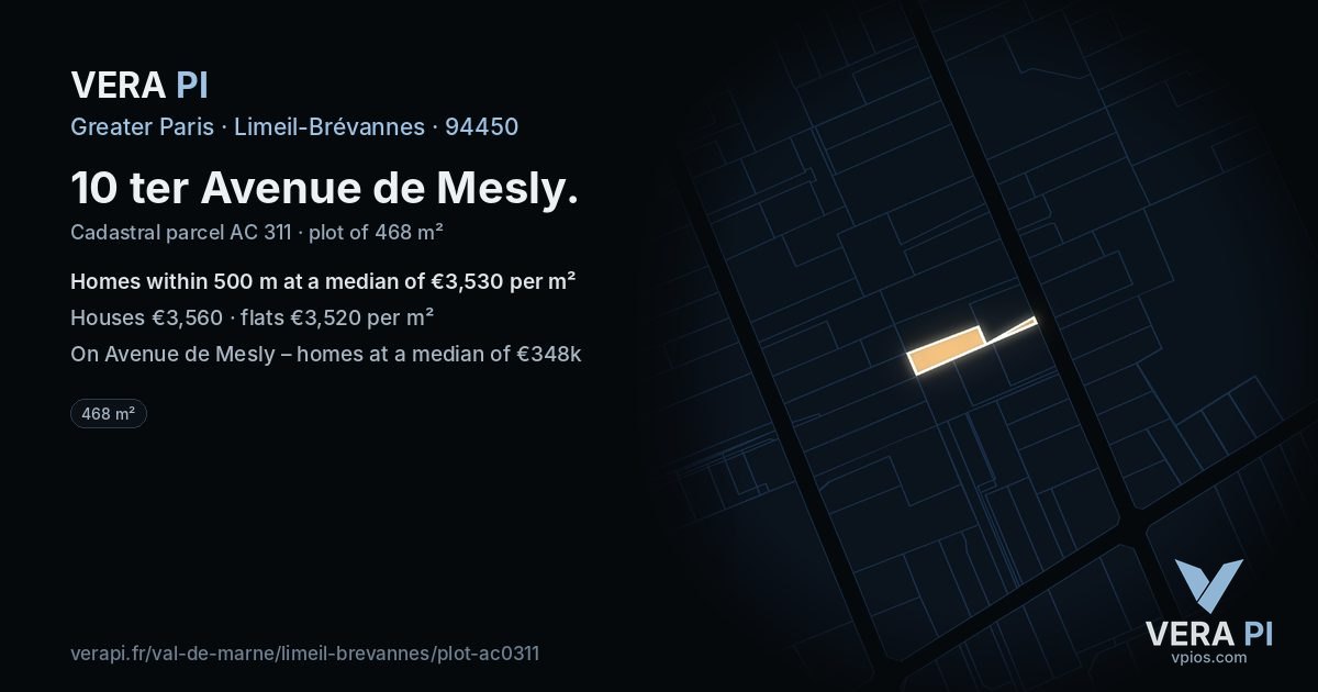 10 ter Avenue de Mesly, Limeil-Brévannes at night – the plot lit, the parcels around coloured by the prices near them