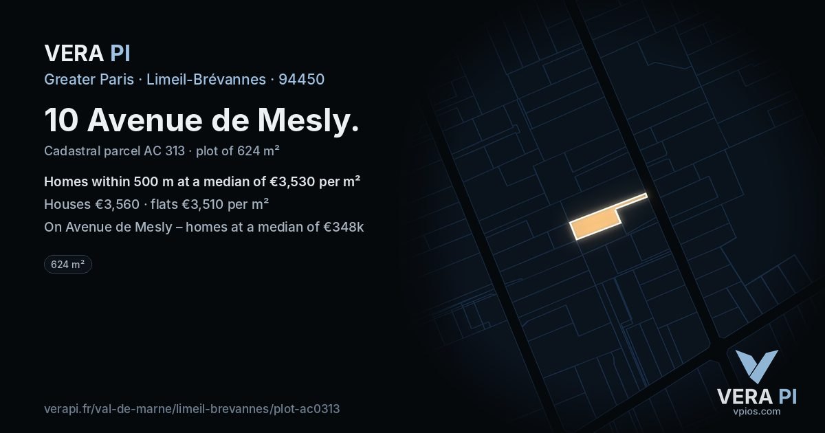 10 Avenue de Mesly, Limeil-Brévannes at night – the plot lit, the parcels around coloured by the prices near them