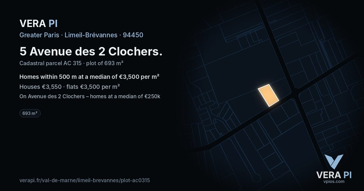 5 Avenue des 2 Clochers, Limeil-Brévannes at night – the plot lit, the parcels around coloured by the prices near them