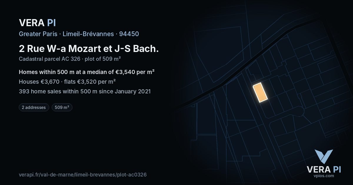 2 Rue W-a Mozart et J-S Bach, Limeil-Brévannes at night – the plot lit, the parcels around coloured by the prices near them