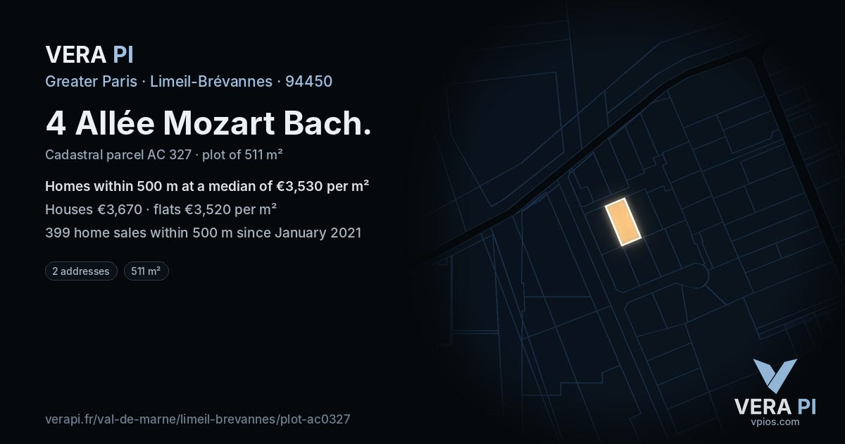 4 Allée Mozart Bach, Limeil-Brévannes at night – the plot lit, the parcels around coloured by the prices near them