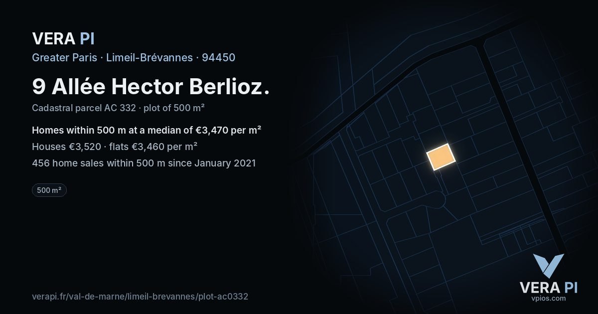 9 Allée Hector Berlioz, Limeil-Brévannes at night – the plot lit, the parcels around coloured by the prices near them